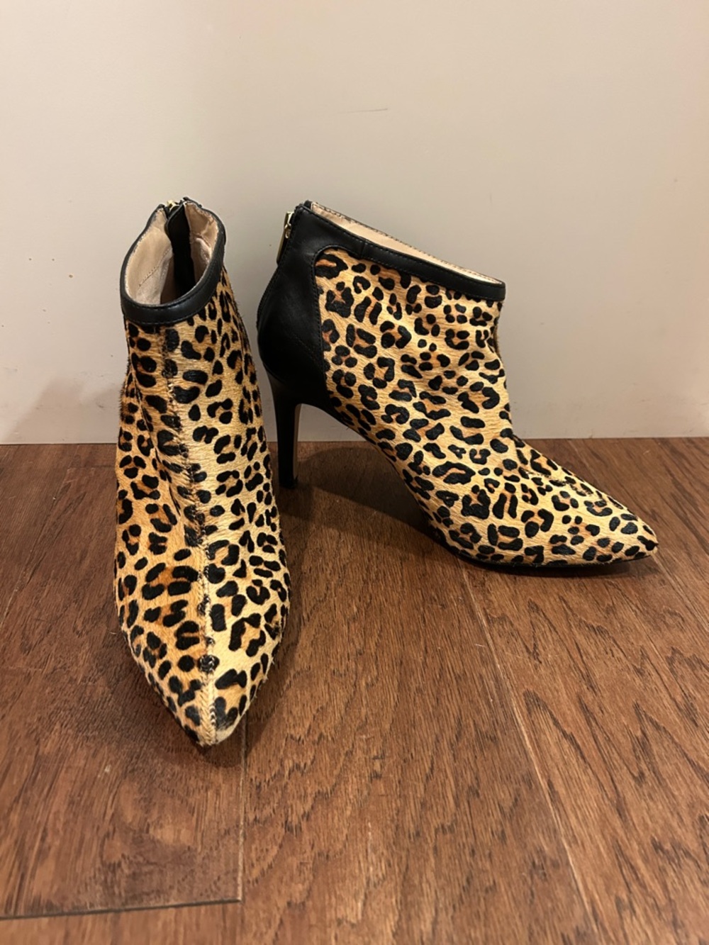 Adrienne Vittadini Leopard Print Pointed Ankle Boots - Black & Tan